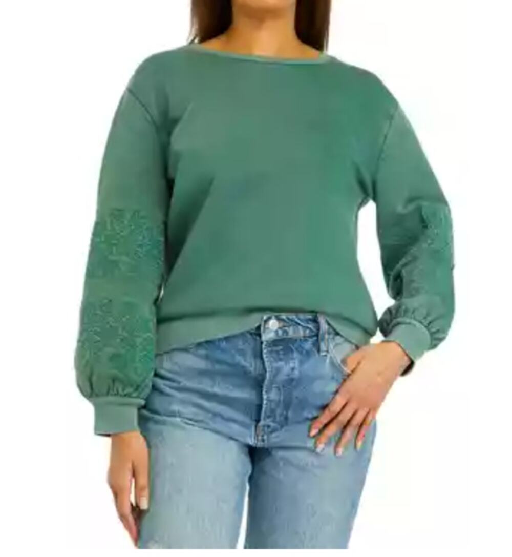 Wonderly Balloon Sleeve Embroider Sweater Women's Large Green Boho Cottage Hippi